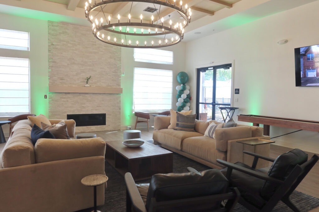 two couches and several chairs in a modern apartment complex clubhouse in Somerville New Jersey