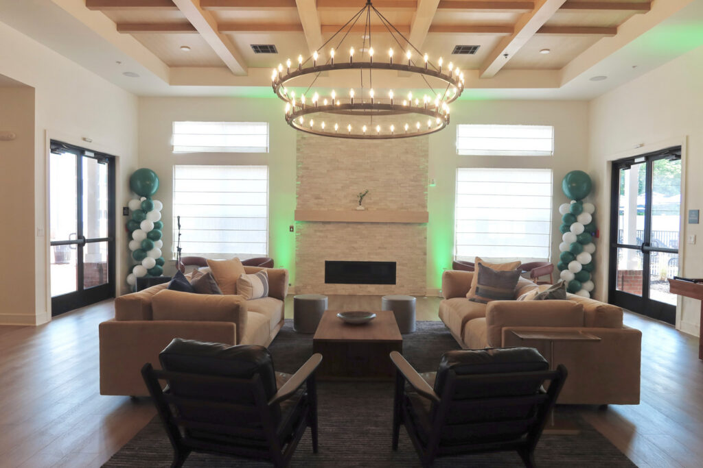 clubhouse in apartment complex in Somerville New Jersey with large modern chandelier